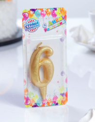 Свеча для торта цифра "Овал" золотая "6" Изображение Свеча для торта цифра "Овал" золотая "6"